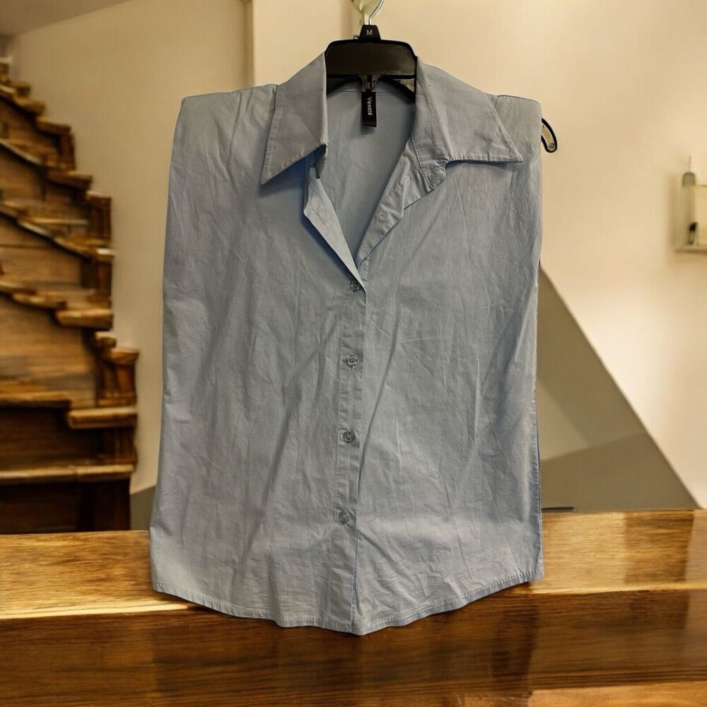 Venti 6 Womens Button Front Sleeveless Collared Shirt Light Blue Size Small